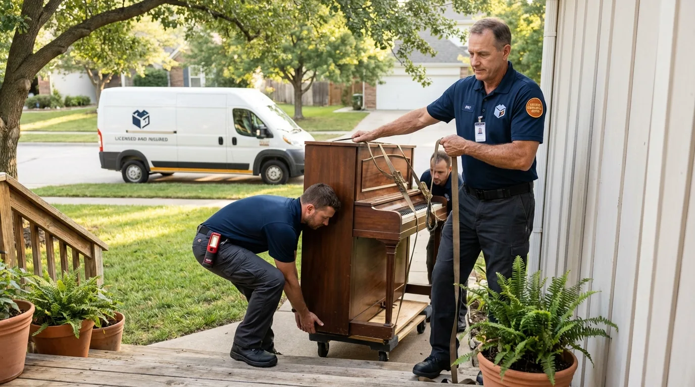 Licensed piano movers securing grand piano in Woodridge, IL