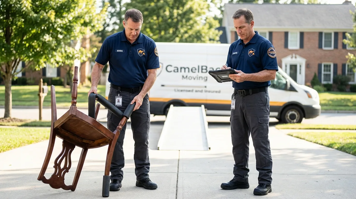 Movers inspecting furniture for damage prevention before loading in Woodridge, IL