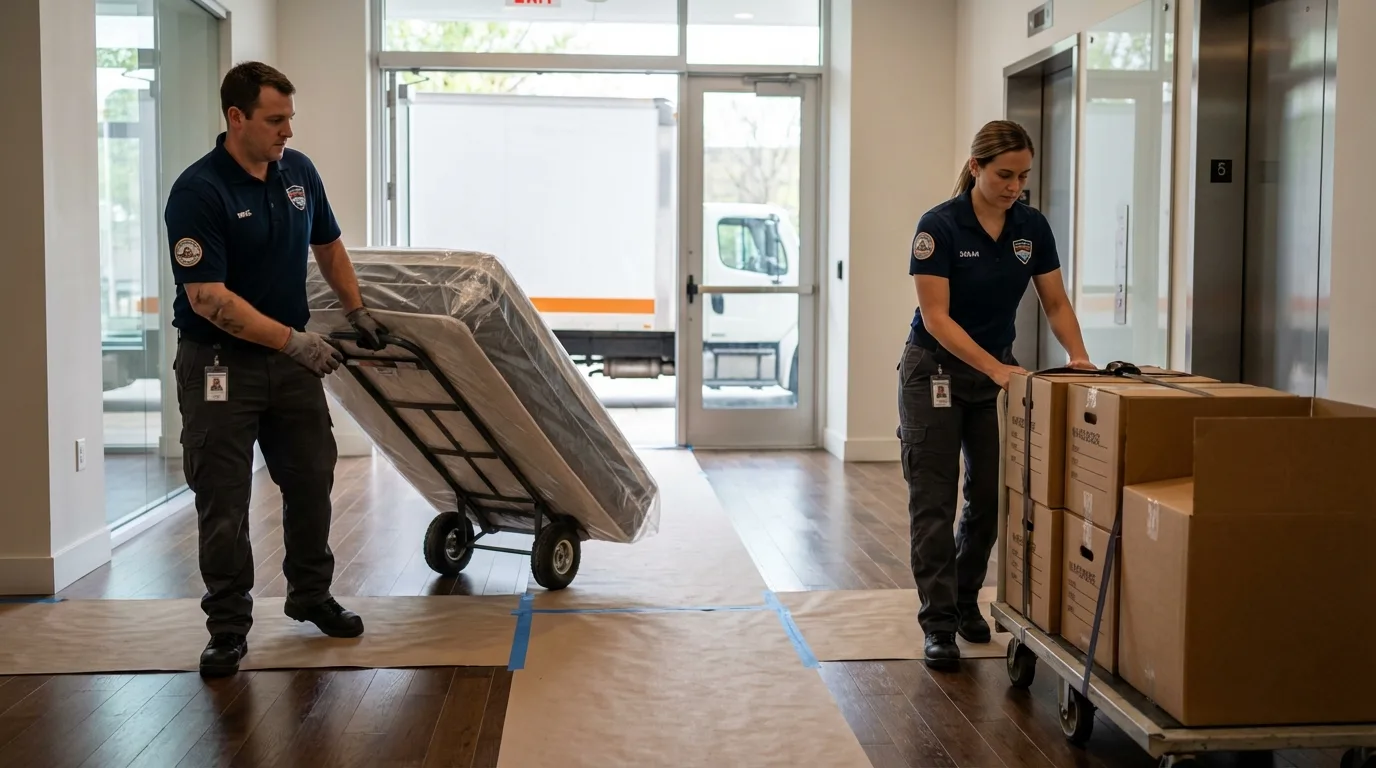 Professional apartment movers loading elevator in Woodridge, IL