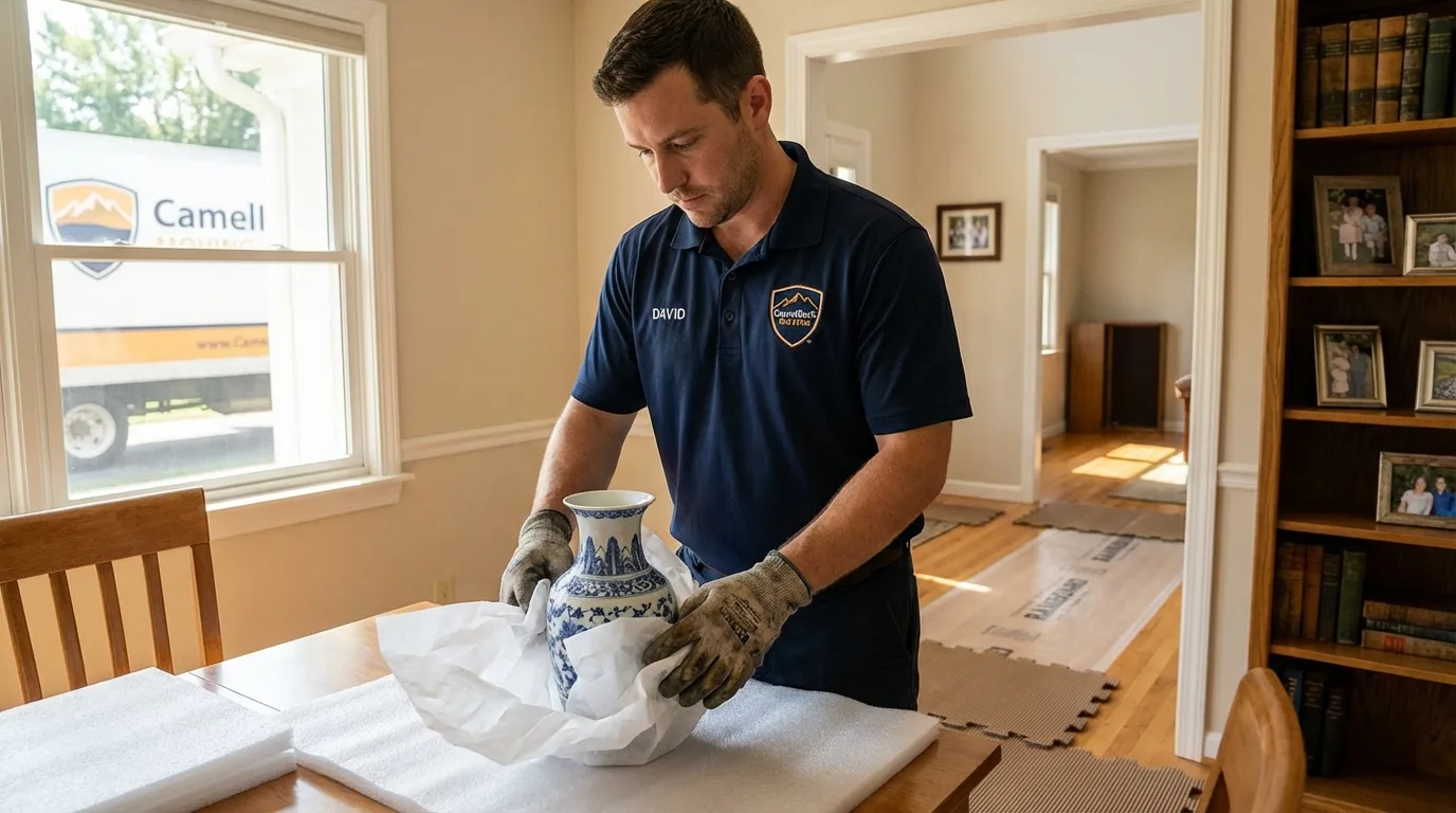 Professional crew carefully wrapping antique vase for senior downsizing move in Woodridge, IL